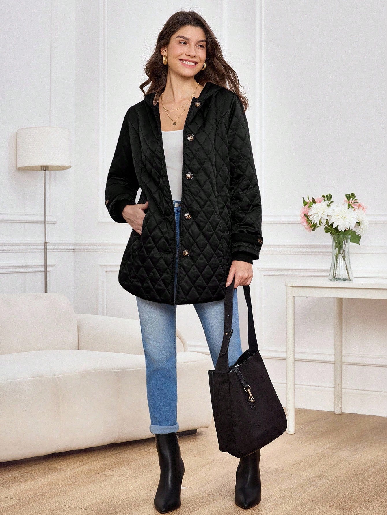 Miaspire Women's Winter Coat, Velvet Warm Hooded Elegant Jacket, Threaded Cuffs, Women's All-Match Black Jacket, Brown Velvet Lining,Zip Up Hoodie For Women, Winter Clothes For Women
