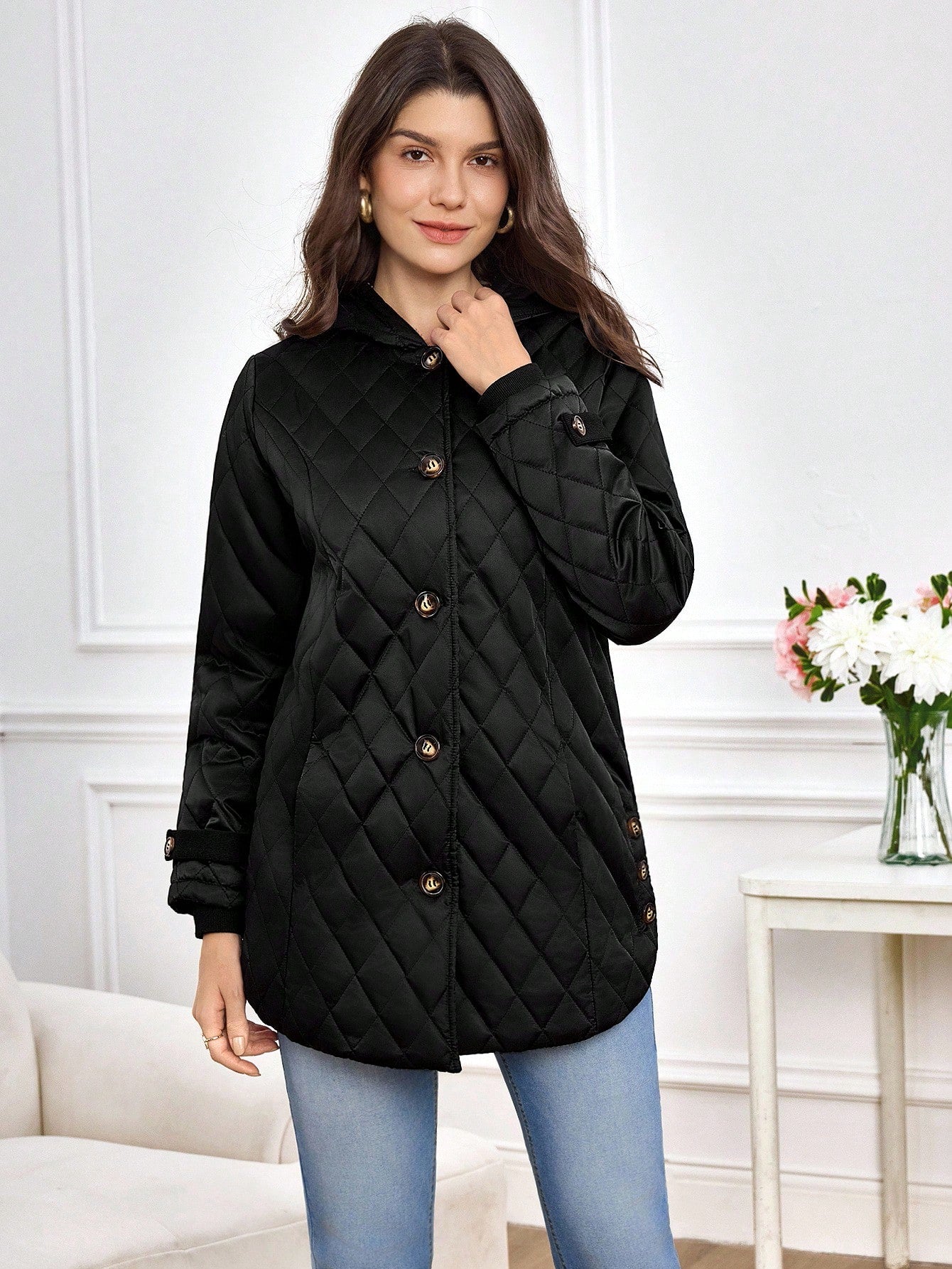 Miaspire Women's Winter Coat, Velvet Warm Hooded Elegant Jacket, Threaded Cuffs, Women's All-Match Black Jacket, Brown Velvet Lining,Zip Up Hoodie For Women, Winter Clothes For Women