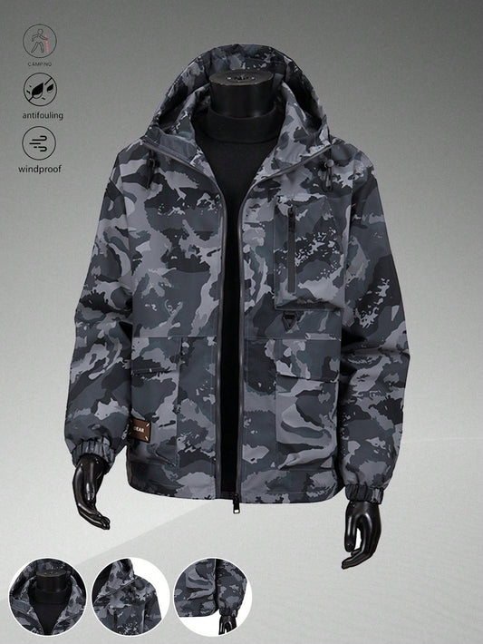 1pc Men Grey Camouflage Hooded Jacket, Outdoor Multi-Pocket Adjustable Hoodie, Tailored For Camping, Hiking, Commuting, Fall