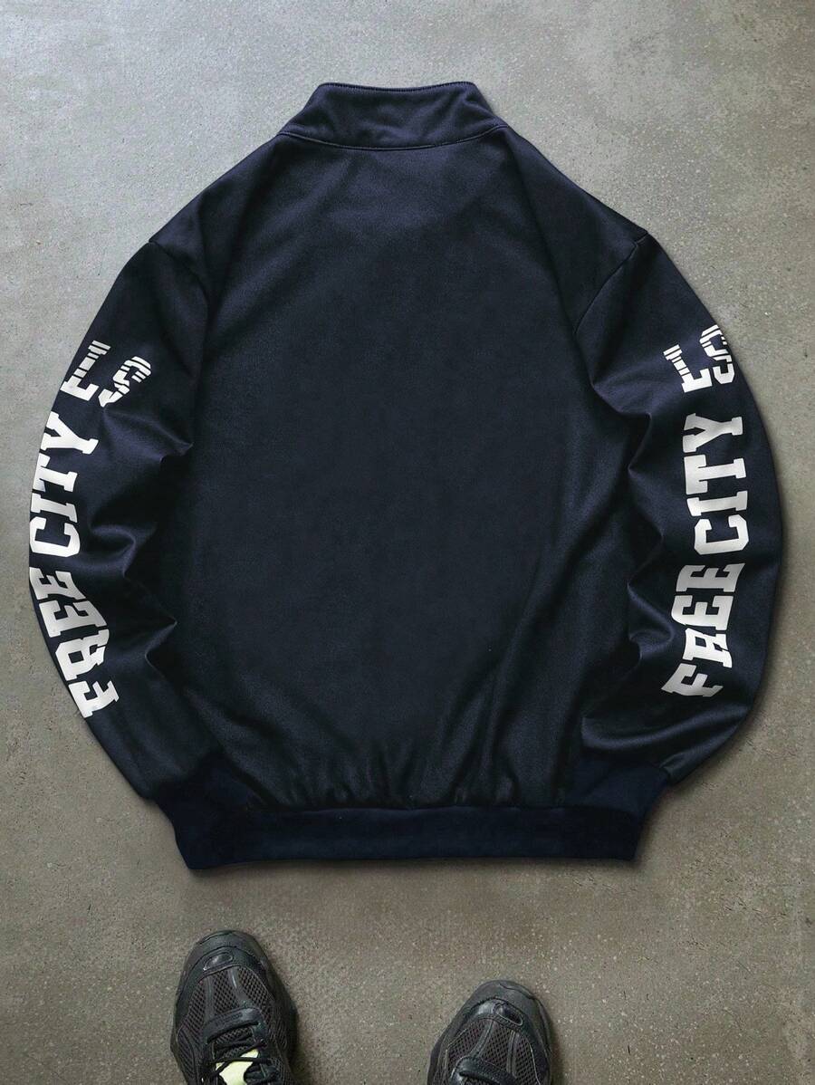 Manfinity EMRG Men's Casual Colorblocked Letter Printed Long Sleeve Jacket, Spring & Fall Going Out Street Wear Racing Jacket Black Biker Jacket, For Friends, Husband, Boyfriend Gifts