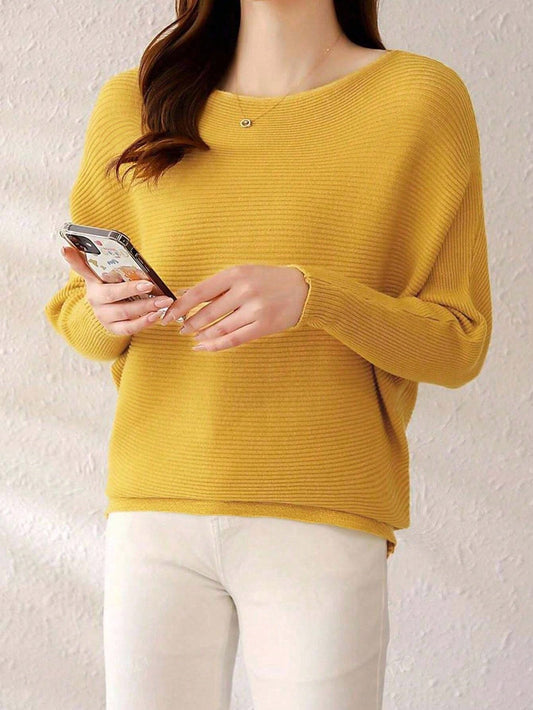 EMERY ROSE Solid Color Batwing Sleeve Ribbed Knit Sweater With Boat Neck, Long Sleeve Tops Knit Pullover Fall Winter Outfit