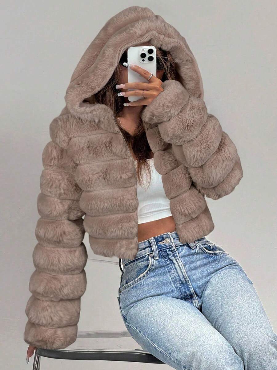 Comfortcana Women's Fashion Street Zip-Up Hooded Faux Fur Jacket, Winter Brown Zip Up Winter Winter Clothes Jacket Halloween Christmas,Winter Clothes For Women