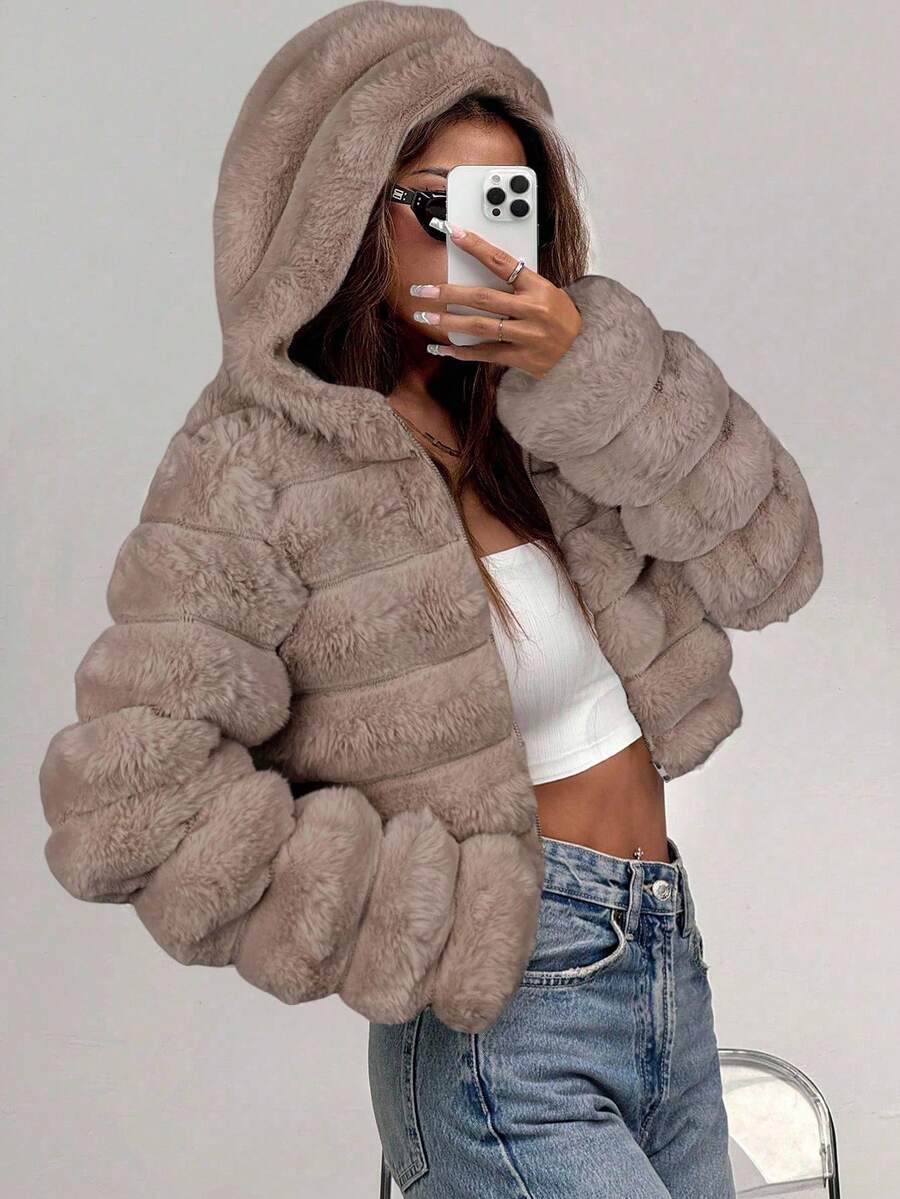 Comfortcana Women's Fashion Street Zip-Up Hooded Faux Fur Jacket, Winter Brown Zip Up Winter Winter Clothes Jacket Halloween Christmas,Winter Clothes For Women