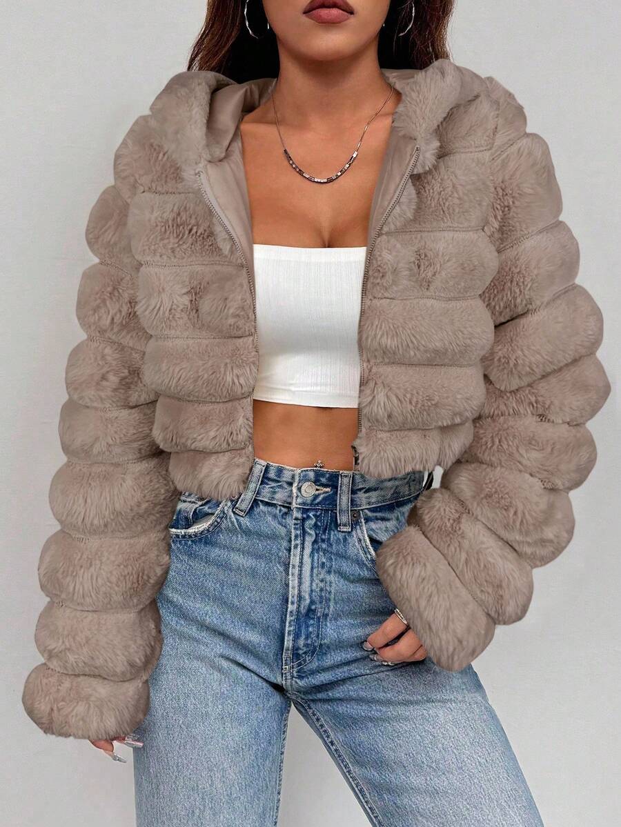 Comfortcana Women's Fashion Street Zip-Up Hooded Faux Fur Jacket, Winter Brown Zip Up Winter Winter Clothes Jacket Halloween Christmas,Winter Clothes For Women