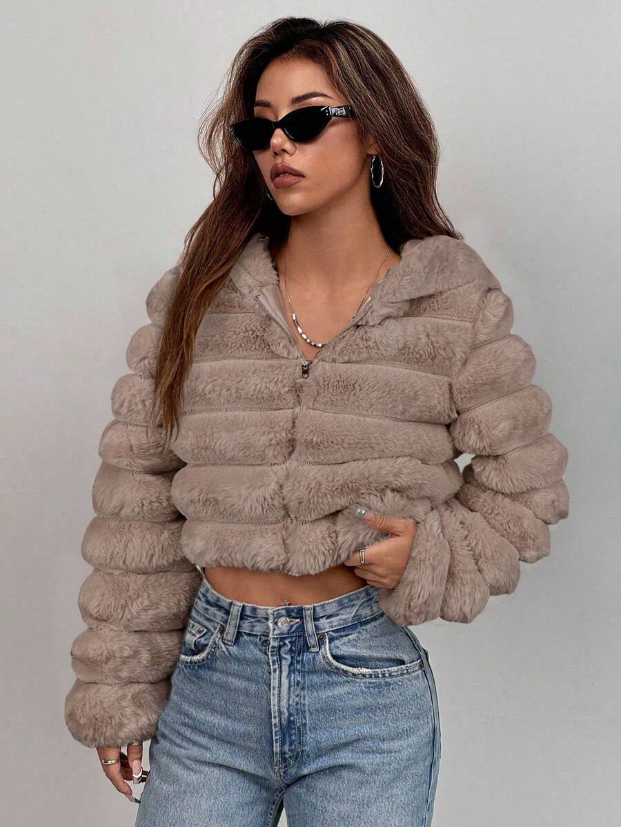 Comfortcana Women's Fashion Street Zip-Up Hooded Faux Fur Jacket, Winter Brown Zip Up Winter Winter Clothes Jacket Halloween Christmas,Winter Clothes For Women