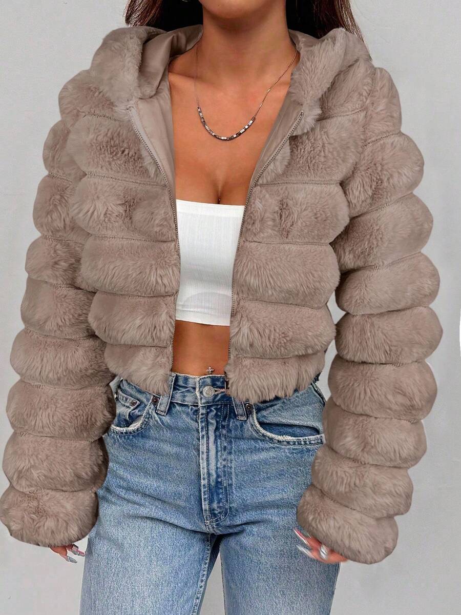 Comfortcana Women's Fashion Street Zip-Up Hooded Faux Fur Jacket, Winter Brown Zip Up Winter Winter Clothes Jacket Halloween Christmas,Winter Clothes For Women