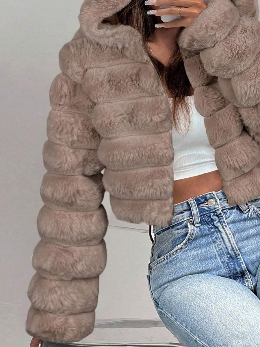 Comfortcana Women's Fashion Street Zip-Up Hooded Faux Fur Jacket, Winter Brown Zip Up Winter Winter Clothes Jacket Halloween Christmas,Winter Clothes For Women