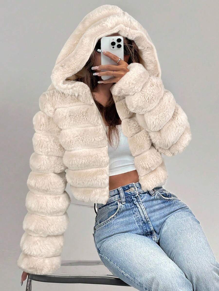 Comfortcana Women's Fashion Street Zip-Up Hooded Faux Fur Jacket, Winter Brown Zip Up Winter Winter Clothes Jacket Halloween Christmas,Winter Clothes For Women