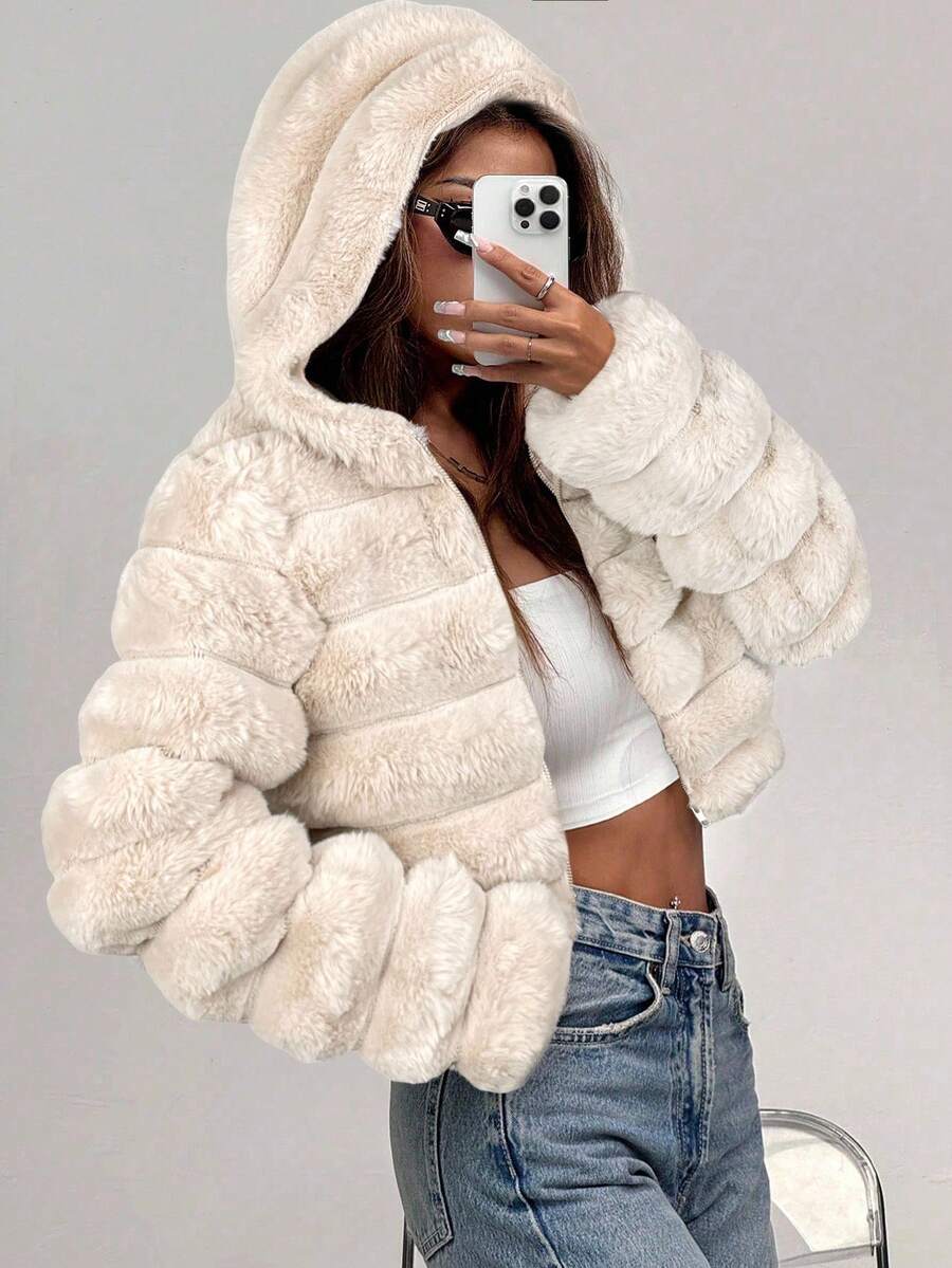 Comfortcana Women's Fashion Street Zip-Up Hooded Faux Fur Jacket, Winter Brown Zip Up Winter Winter Clothes Jacket Halloween Christmas,Winter Clothes For Women