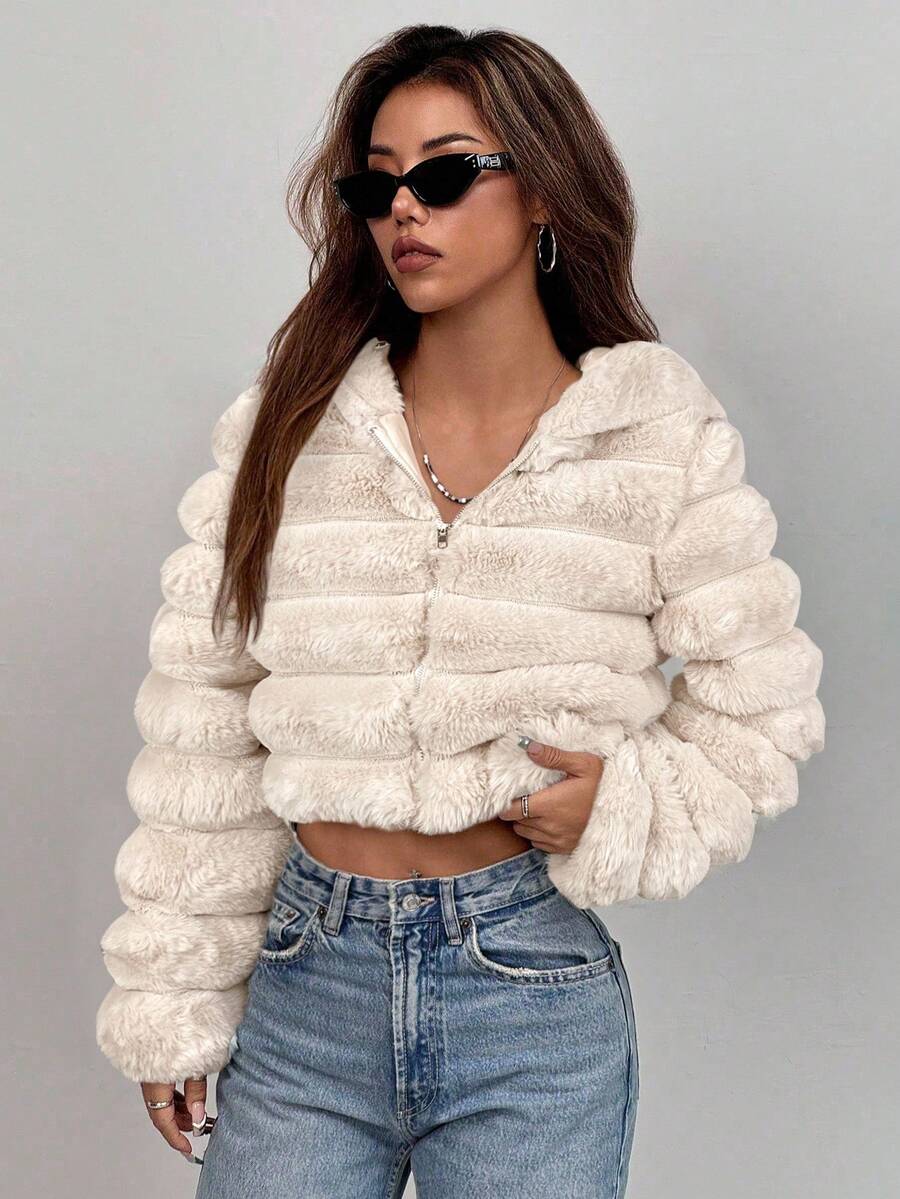 Comfortcana Women's Fashion Street Zip-Up Hooded Faux Fur Jacket, Winter Brown Zip Up Winter Winter Clothes Jacket Halloween Christmas,Winter Clothes For Women