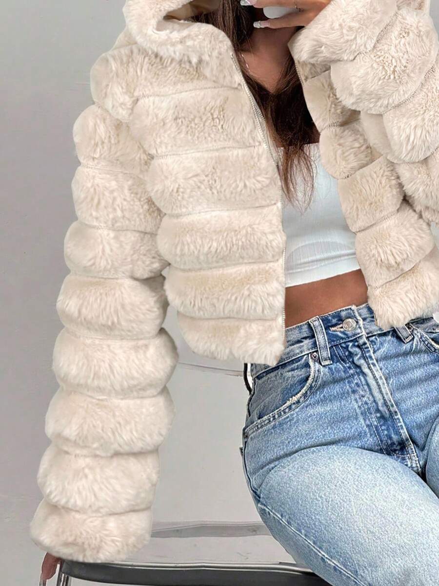 Comfortcana Women's Fashion Street Zip-Up Hooded Faux Fur Jacket, Winter Brown Zip Up Winter Winter Clothes Jacket Halloween Christmas,Winter Clothes For Women
