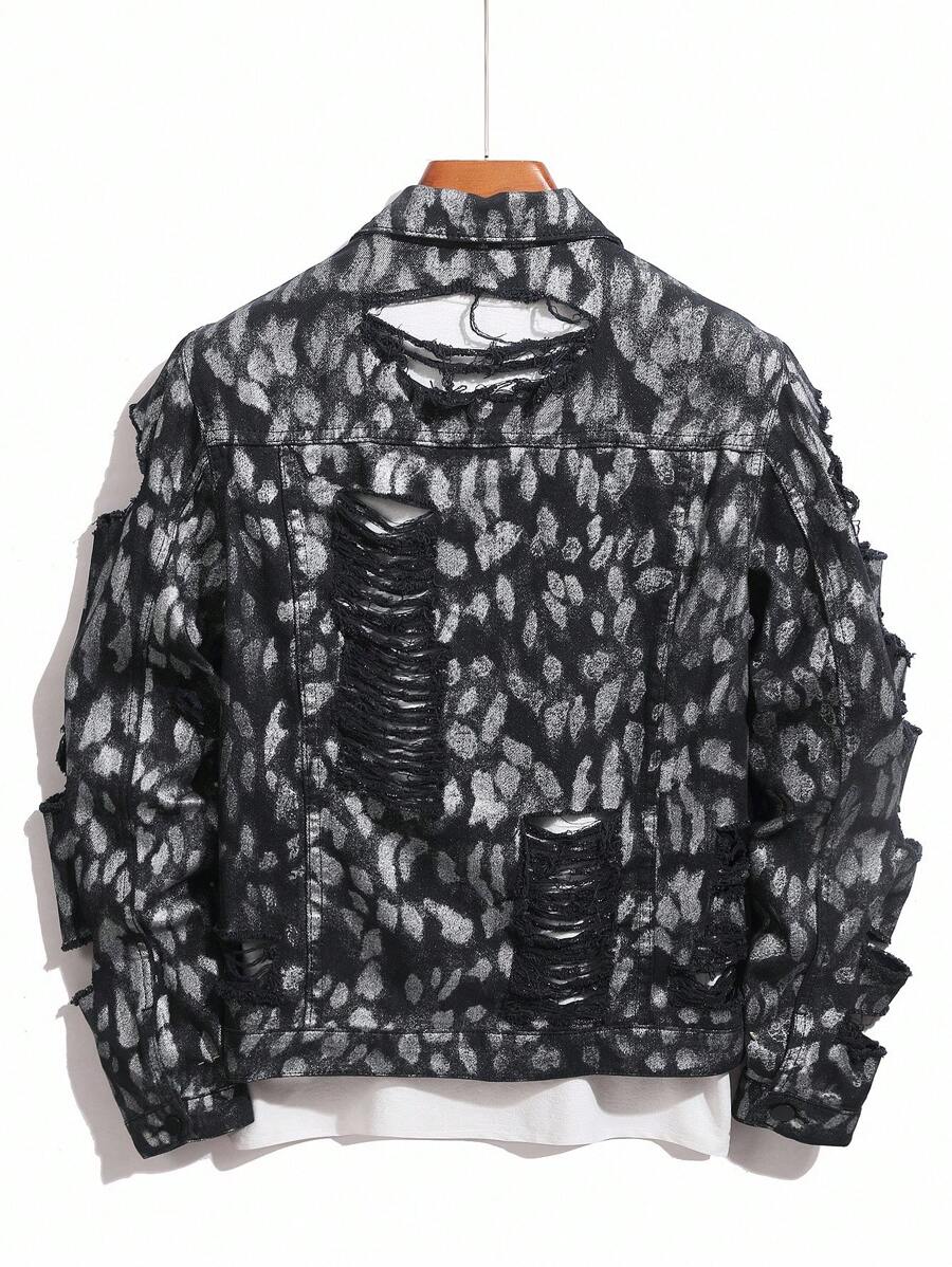 Manfinity Homme Men's Distressed Long Sleeve Denim Jacket, Dark Cotton Plain Black Party Grunge Rapper Going Out Vacation National Park Urban Gym, For Fall