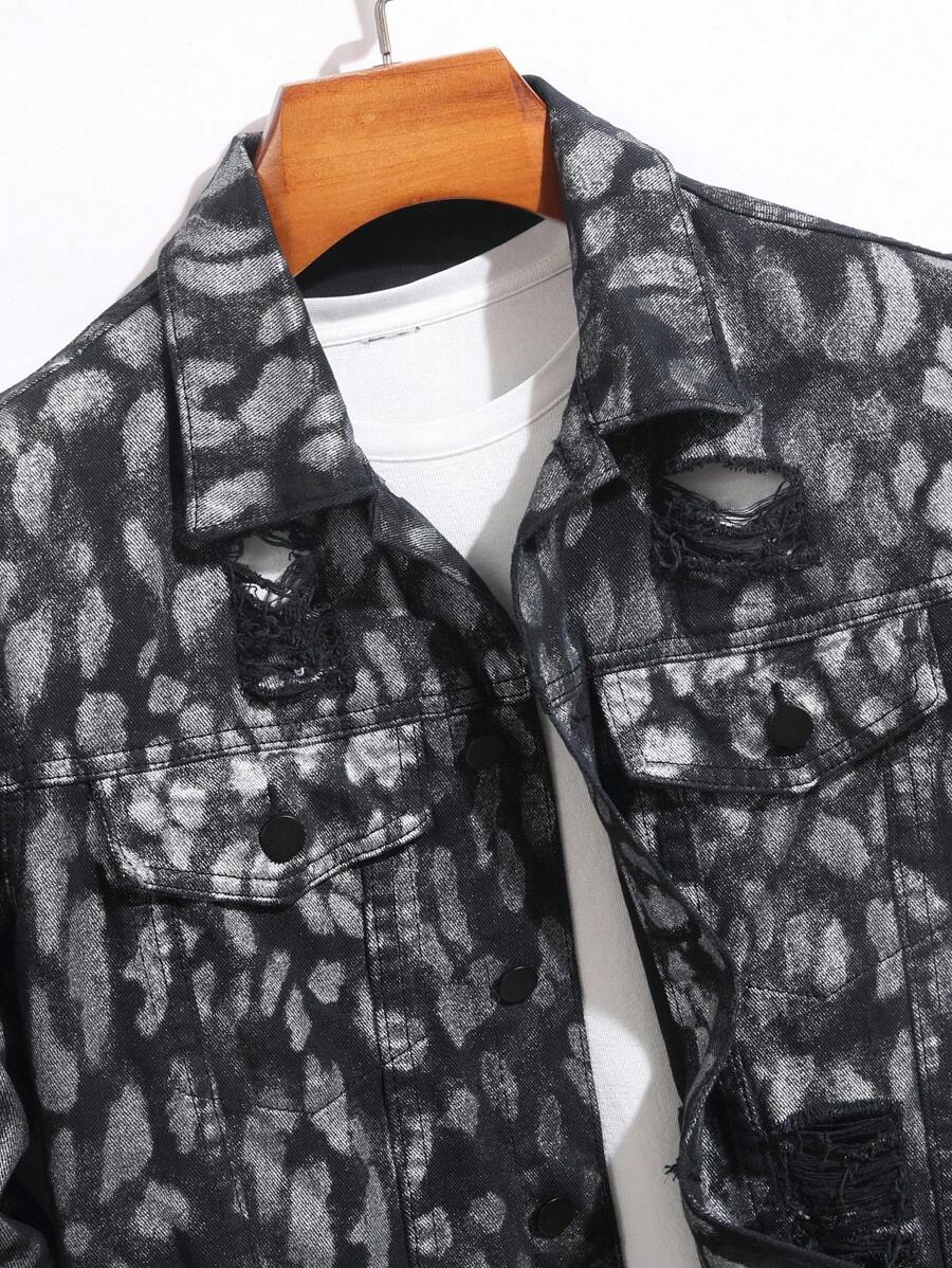 Manfinity Homme Men's Distressed Long Sleeve Denim Jacket, Dark Cotton Plain Black Party Grunge Rapper Going Out Vacation National Park Urban Gym, For Fall