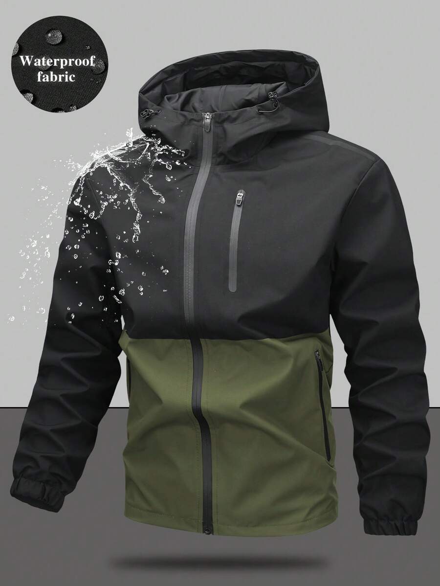 Men's Drawstring Hooded Waterproof Casual Versatile Zip Pocket Windbreaker Jacket, Suitable For Daily Wear