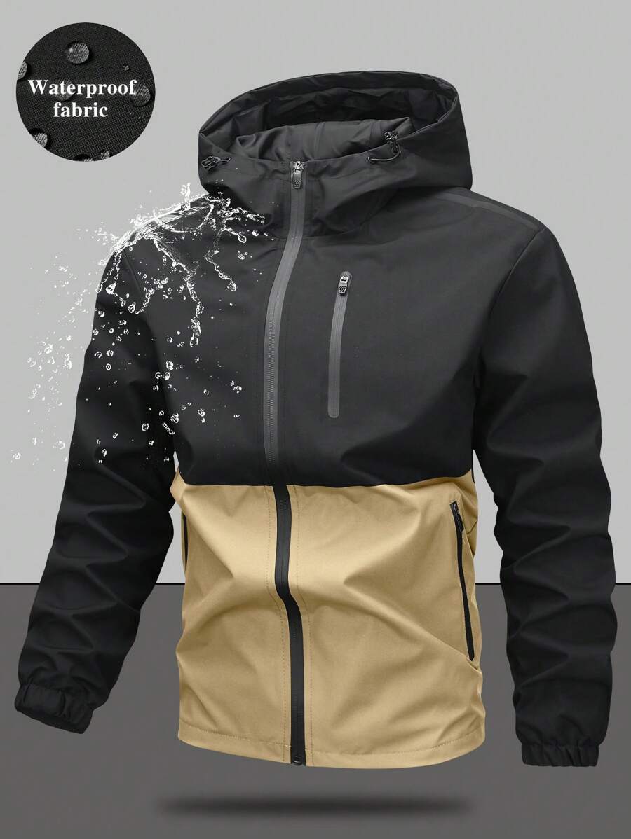 Men's Drawstring Hooded Waterproof Casual Versatile Zip Pocket Windbreaker Jacket, Suitable For Daily Wear