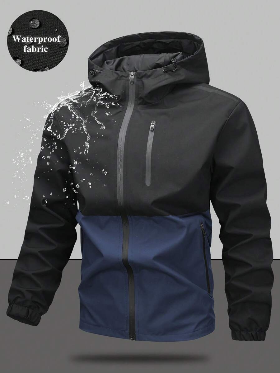 Men's Drawstring Hooded Waterproof Casual Versatile Zip Pocket Windbreaker Jacket, Suitable For Daily Wear