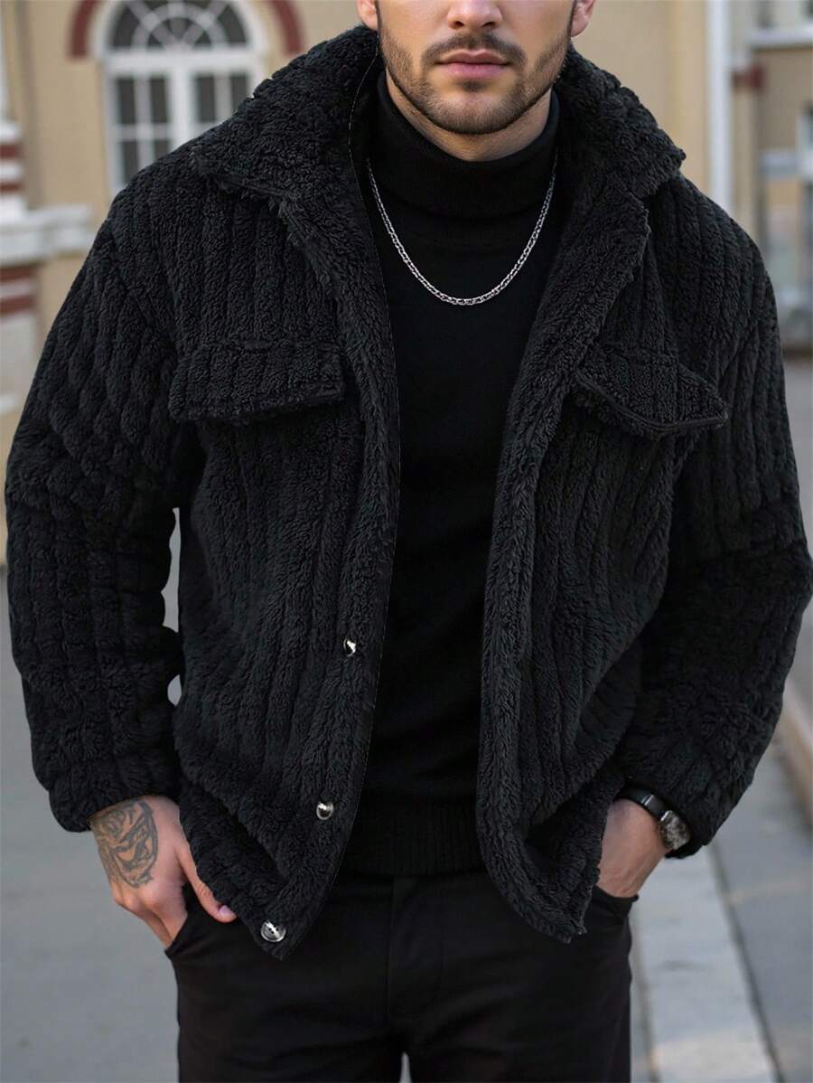 Manfinity Casual Cool Flap Detail Button Front Flannel Fleece Jacket