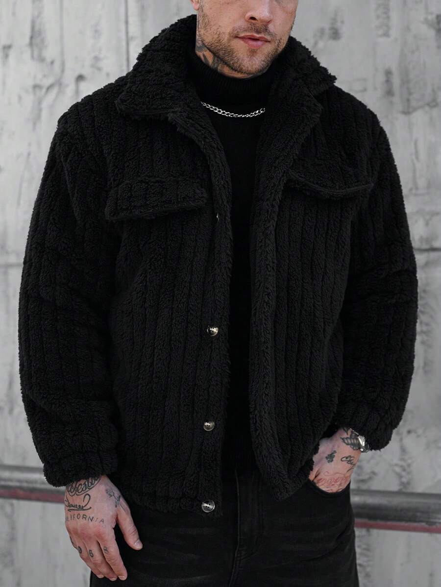 Manfinity Casual Cool Flap Detail Button Front Flannel Fleece Jacket