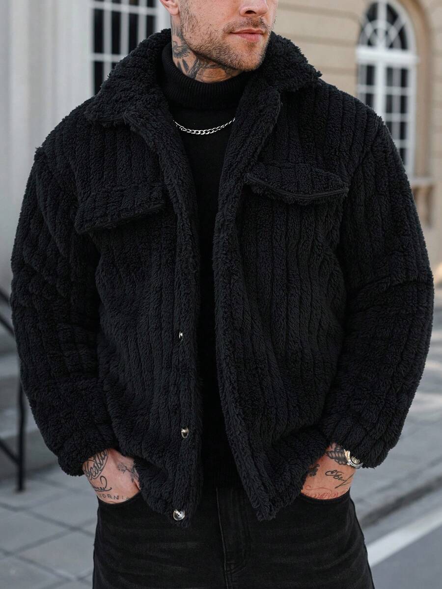 Manfinity Casual Cool Flap Detail Button Front Flannel Fleece Jacket