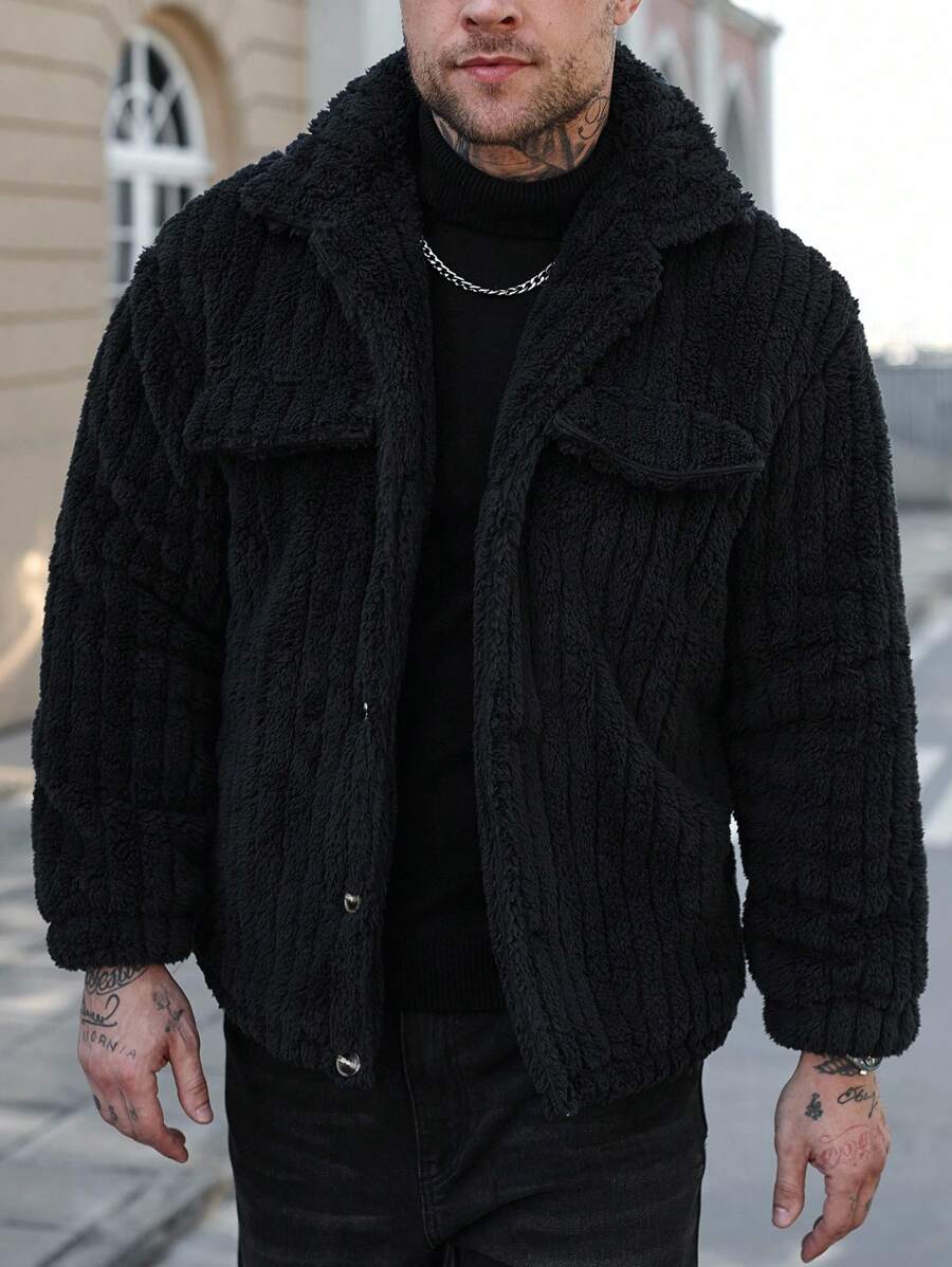 Manfinity Casual Cool Flap Detail Button Front Flannel Fleece Jacket