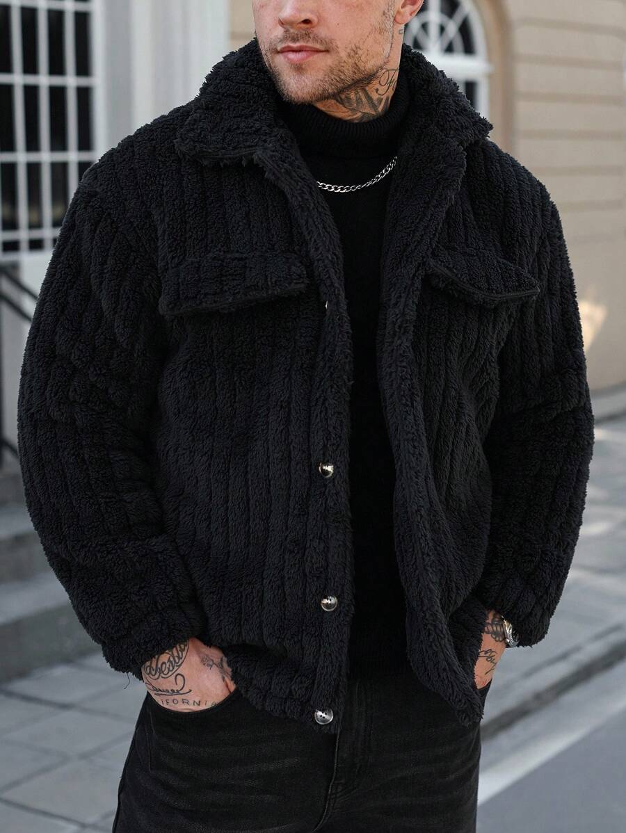 Manfinity Casual Cool Flap Detail Button Front Flannel Fleece Jacket