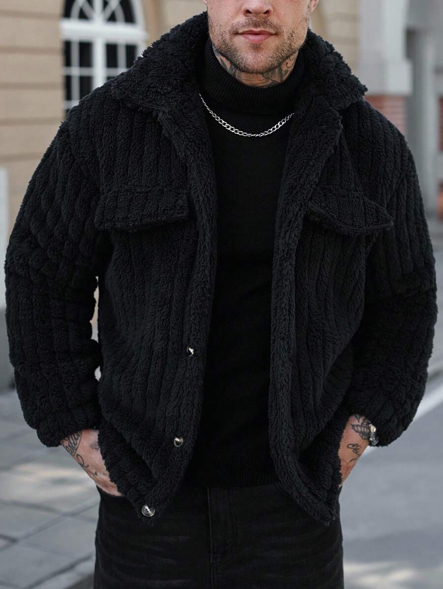 Manfinity Casual Cool Flap Detail Button Front Flannel Fleece Jacket