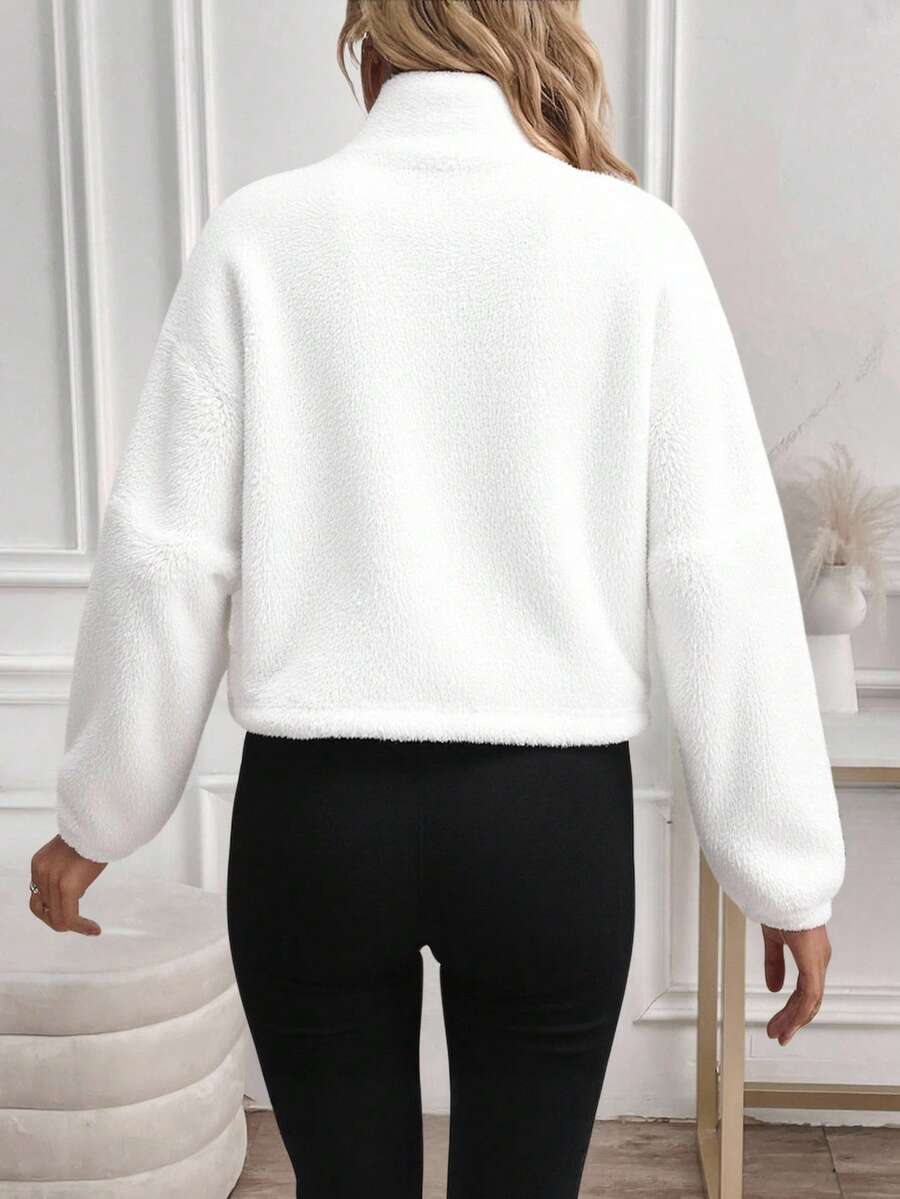 SHEIN LUNE Women's Casual Minimalist Black Reversible Fleece Zip-Up Drawstring Long Sleeve Crew Neck Sweatshirt Jacket, Suitable For Autumn/Winter,Fall,Fall Clothes For Women
