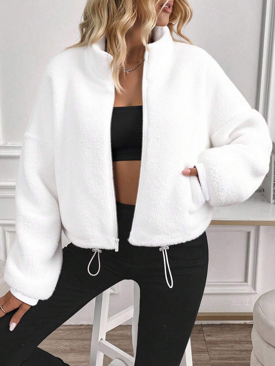 SHEIN LUNE Women's Casual Minimalist Black Reversible Fleece Zip-Up Drawstring Long Sleeve Crew Neck Sweatshirt Jacket, Suitable For Autumn/Winter,Fall,Fall Clothes For Women