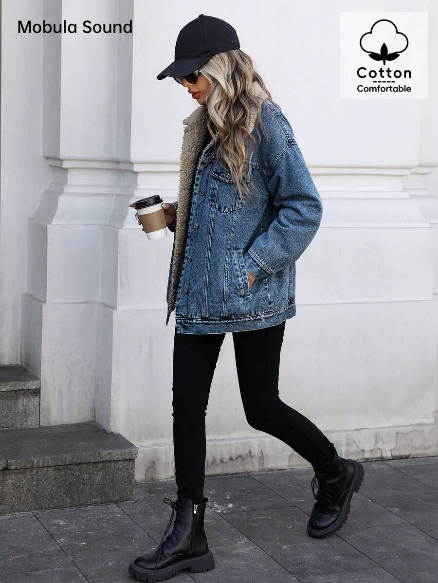 Mobula Sound Middle Eastern Versatile Casual Sports Fashion Women Spring Autumn Winter Warm Fleece Windproof Lady Blue Y2K Student College Young Style Denim Jacket