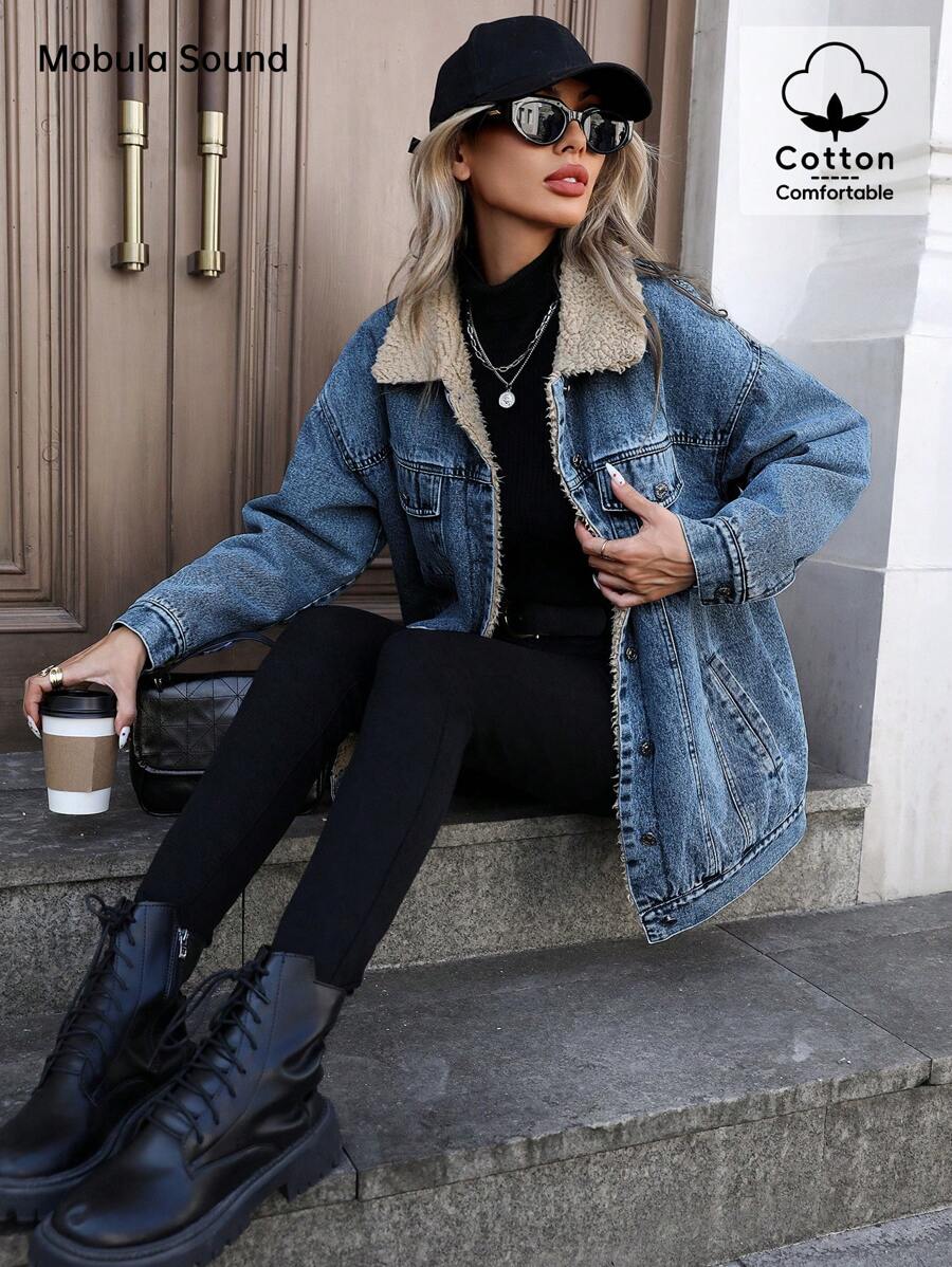 Mobula Sound Middle Eastern Versatile Casual Sports Fashion Women Spring Autumn Winter Warm Fleece Windproof Lady Blue Y2K Student College Young Style Denim Jacket
