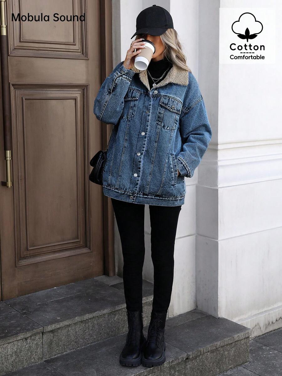 Mobula Sound Middle Eastern Versatile Casual Sports Fashion Women Spring Autumn Winter Warm Fleece Windproof Lady Blue Y2K Student College Young Style Denim Jacket