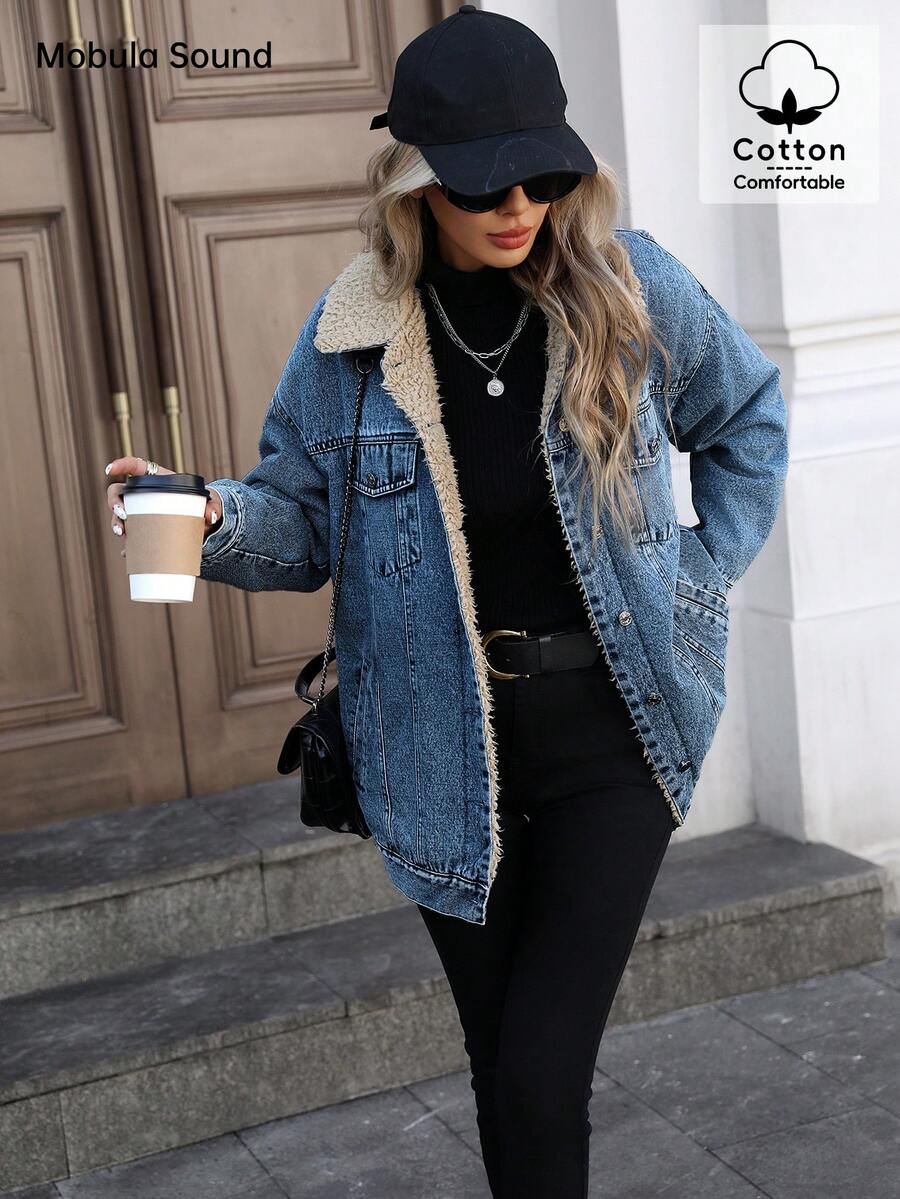 Mobula Sound Middle Eastern Versatile Casual Sports Fashion Women Spring Autumn Winter Warm Fleece Windproof Lady Blue Y2K Student College Young Style Denim Jacket