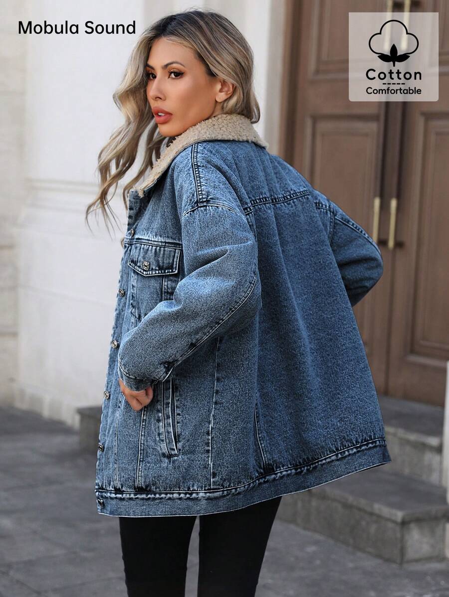 Mobula Sound Middle Eastern Versatile Casual Sports Fashion Women Spring Autumn Winter Warm Fleece Windproof Lady Blue Y2K Student College Young Style Denim Jacket