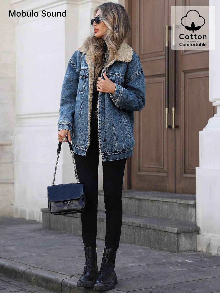 Mobula Sound Middle Eastern Versatile Casual Sports Fashion Women Spring Autumn Winter Warm Fleece Windproof Lady Blue Y2K Student College Young Style Denim Jacket
