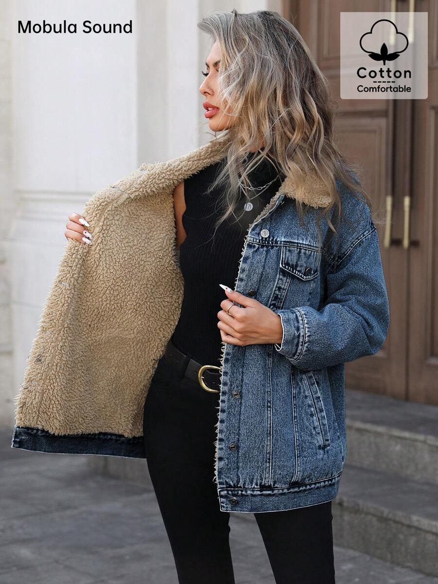 Mobula Sound Middle Eastern Versatile Casual Sports Fashion Women Spring Autumn Winter Warm Fleece Windproof Lady Blue Y2K Student College Young Style Denim Jacket