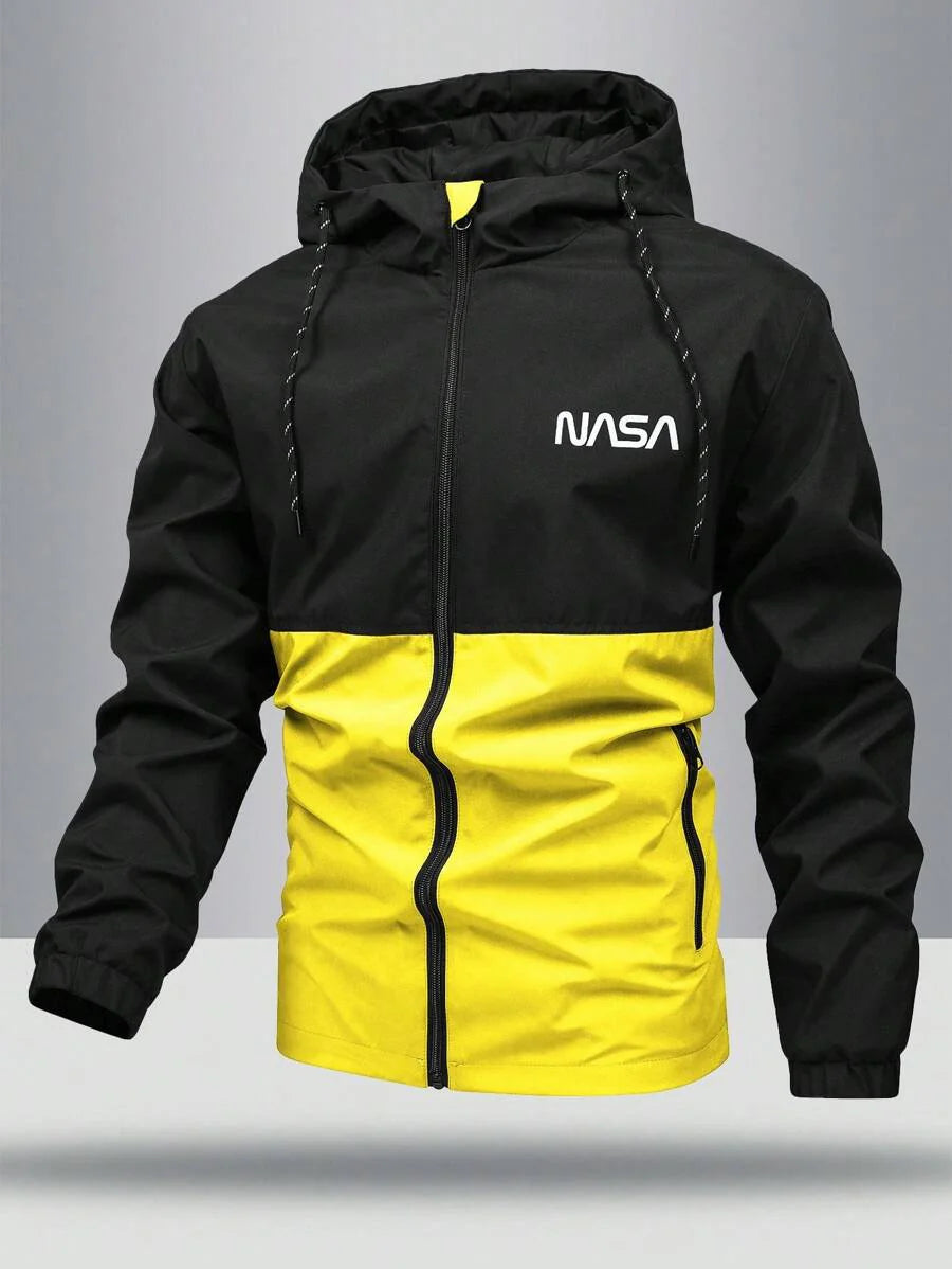 Manfinity Homme Loose Fit Men's Two Tone Letter Graphic Drawstring Hooded Outdoor Windbreaker Jacket, For Fall