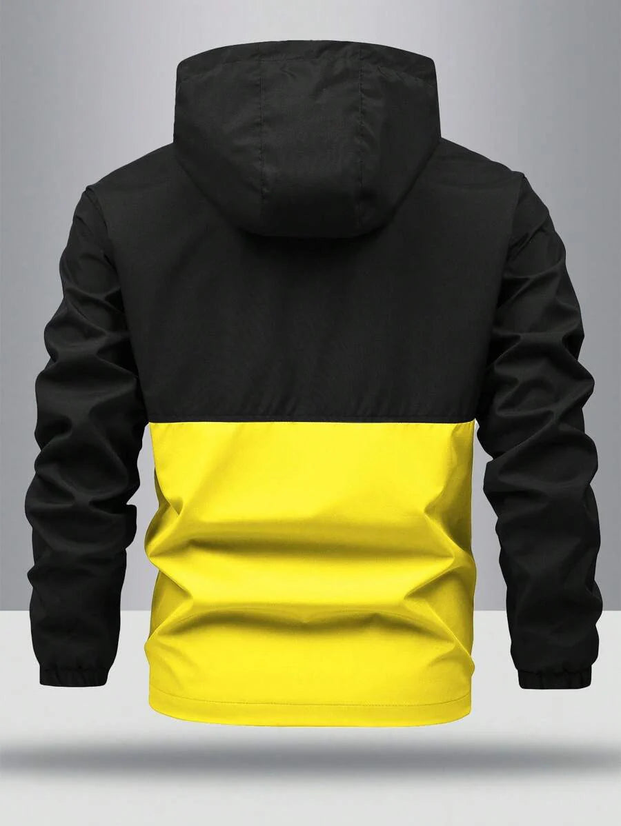 Manfinity Homme Men's Loose Fit Two Tone Letter Graphic Hooded Outdoor Windbreaker Jacket With Drawstring, For Fall