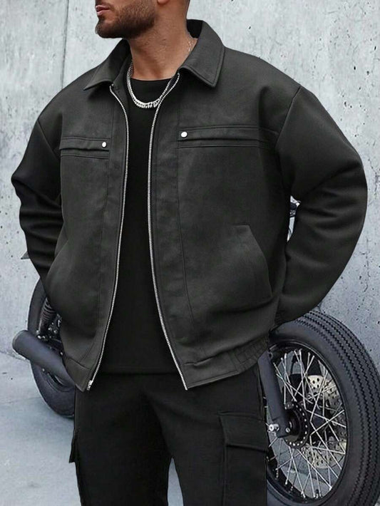 1 Piece Men's Vintage Worn Full Zipper Lapel Leather Jacket, Spring Autumn Men's Motorcycle Style Casual PU Leather Coat.