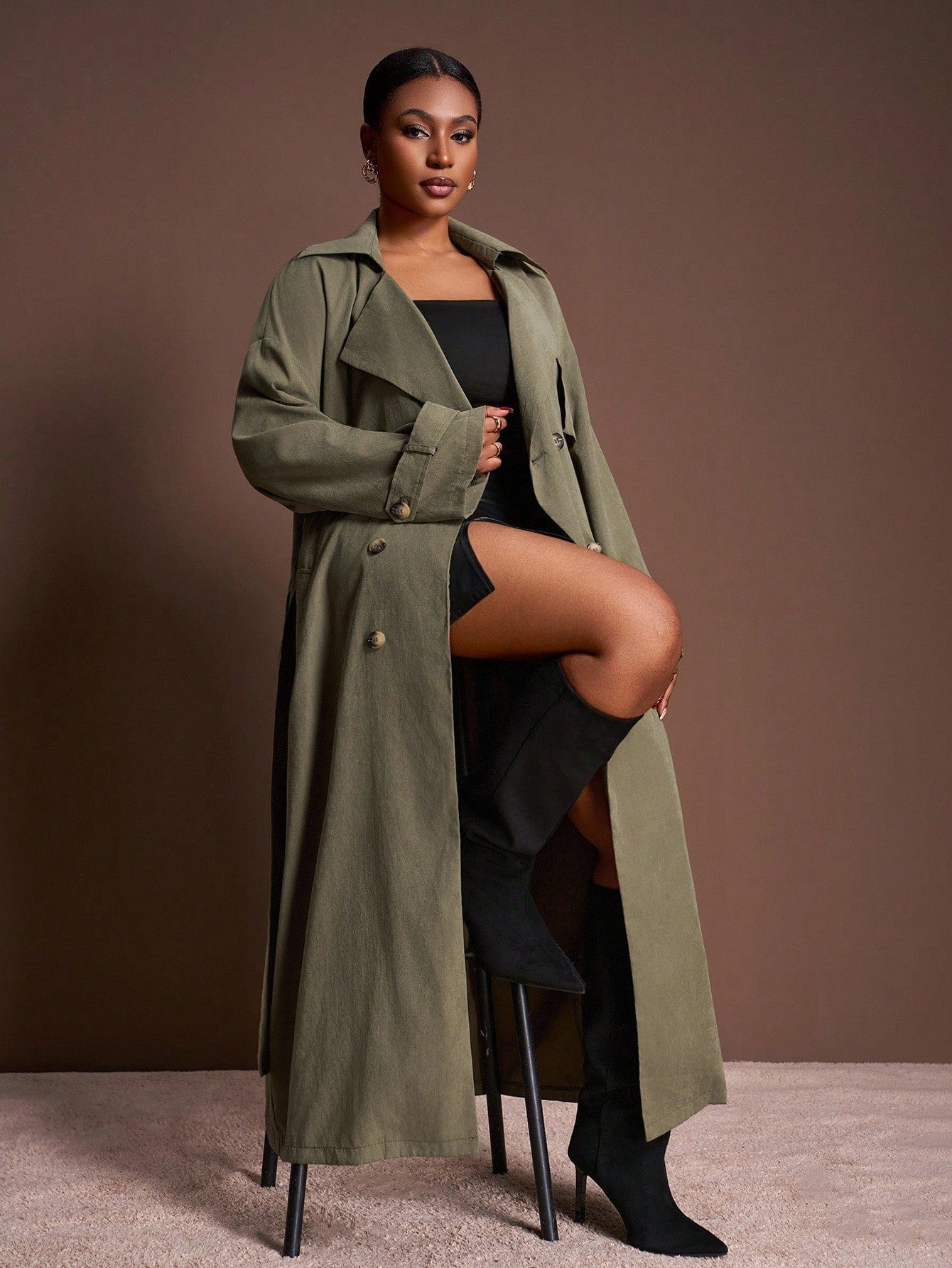 Veslaya 2025 New Autumn/Winter Plus Size Women's College Style/Business Casual Wear/Western Style/Office Attire/Street Club/City Vacation/Graduation Date/Refined Elegant/Party/Independence Day/Casual Basic Fashion Outdoor Social Wear/Loose Fit Military G