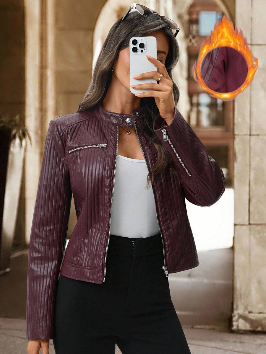 Editum Slim Fit Zip-Up Fleece Jacket With Lining, Black High Collar Casual Street Style Long Sleeve Women's Jacket For Autumn/Winter Black Jacket Women Cropped Jacket Black Crop Jacket Jackets For Women Casual Black Blazer Women,Cozy Fall And Winter Clot