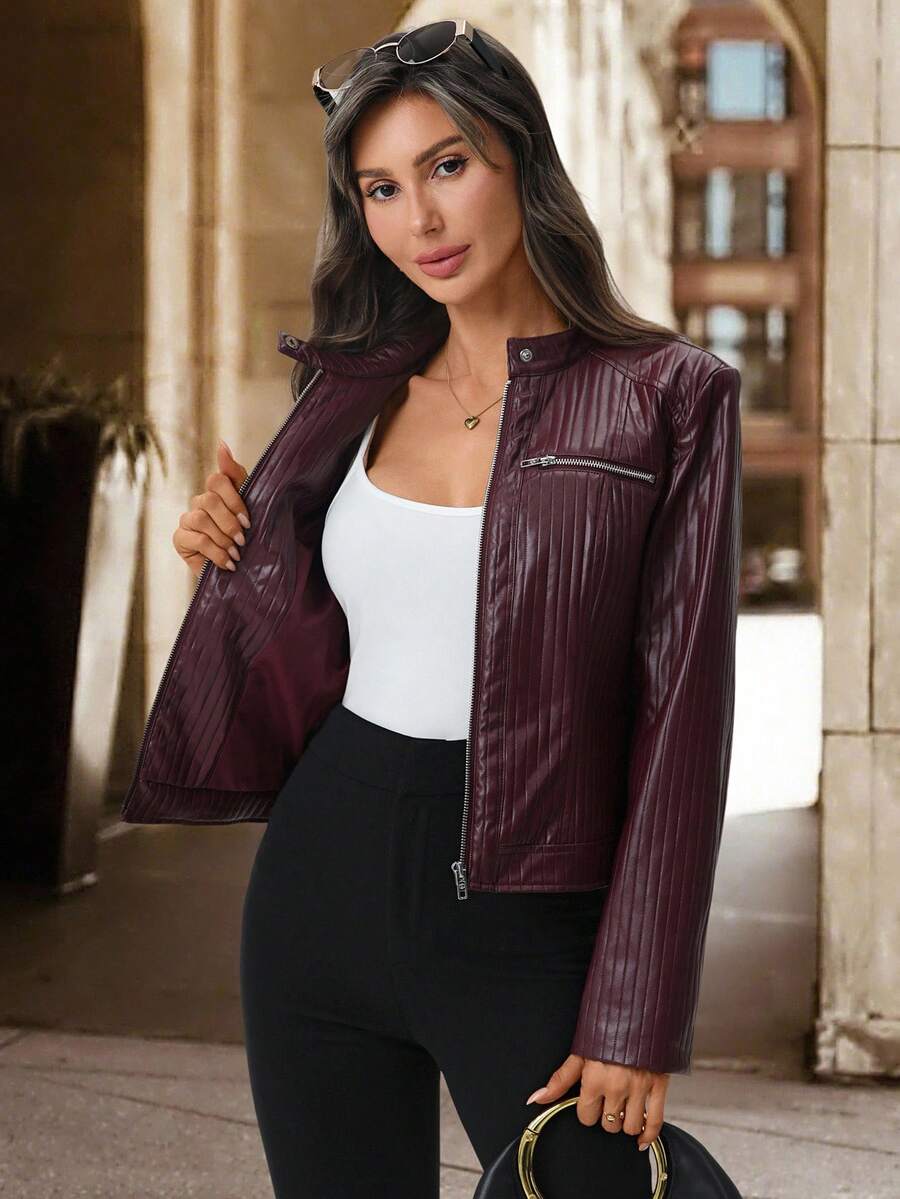 Editum Slim Fit Zip-Up Fleece Jacket With Lining, Black High Collar Casual Street Style Long Sleeve Women's Jacket For Autumn/Winter Black Jacket Women Cropped Jacket Black Crop Jacket Jackets For Women Casual Black Blazer Women,Cozy Fall And Winter Clot