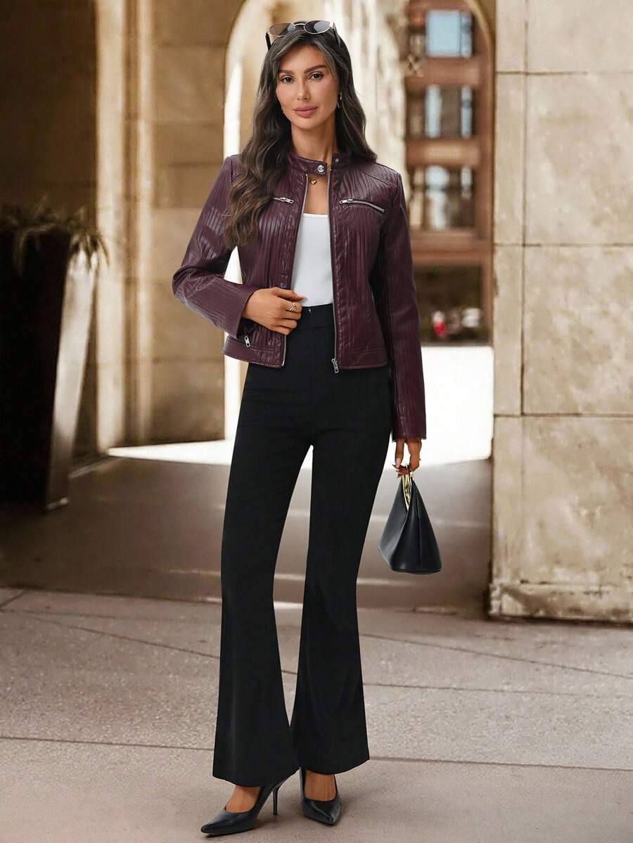 Editum Slim Fit Zip-Up Fleece Jacket With Lining, Black High Collar Casual Street Style Long Sleeve Women's Jacket For Autumn/Winter Black Jacket Women Cropped Jacket Black Crop Jacket Jackets For Women Casual Black Blazer Women,Cozy Fall And Winter Clot