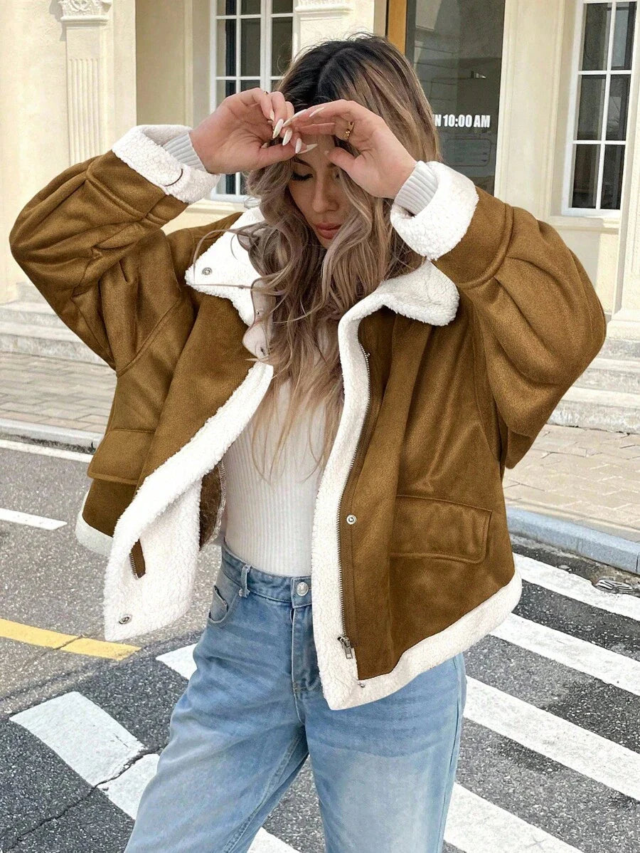 Serisse Winter Women Jacket Women's Loose Fit Zip-Up Collar Thermal Lined Casual Jacket For Fall/Winter Winter Women Coat Jacket