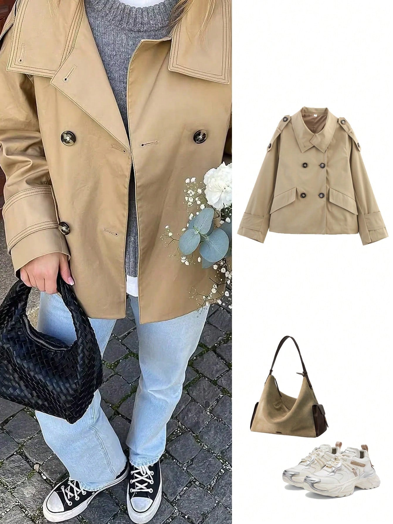 Women's Fashionable Casual Double-Breasted Short Jacket Coat, Autumn