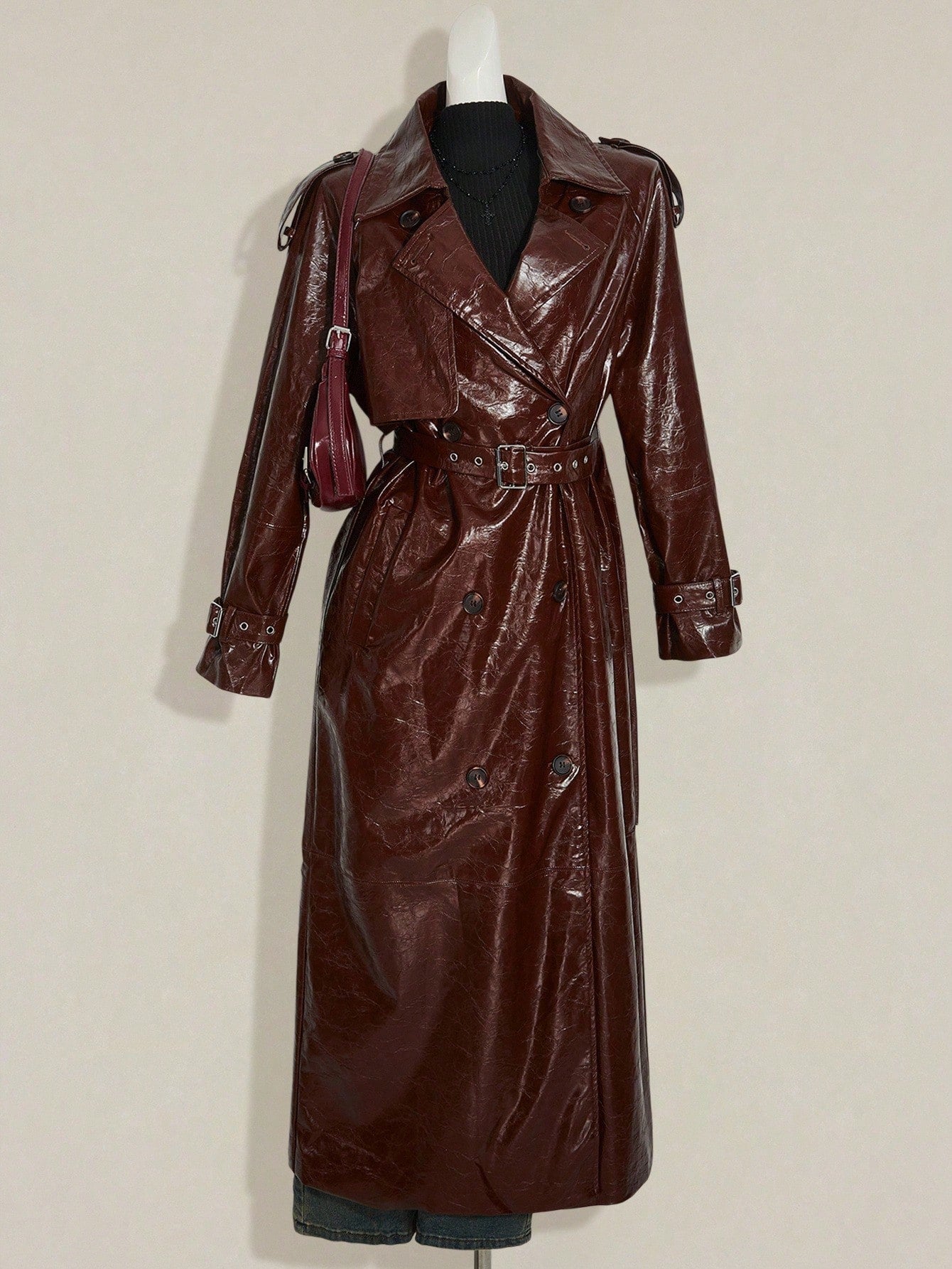 SHEIN ICON Women's Brown Solid Color Long Sleeve PU Leather Jacket Winter Trench Women Coat Halloween Outfits