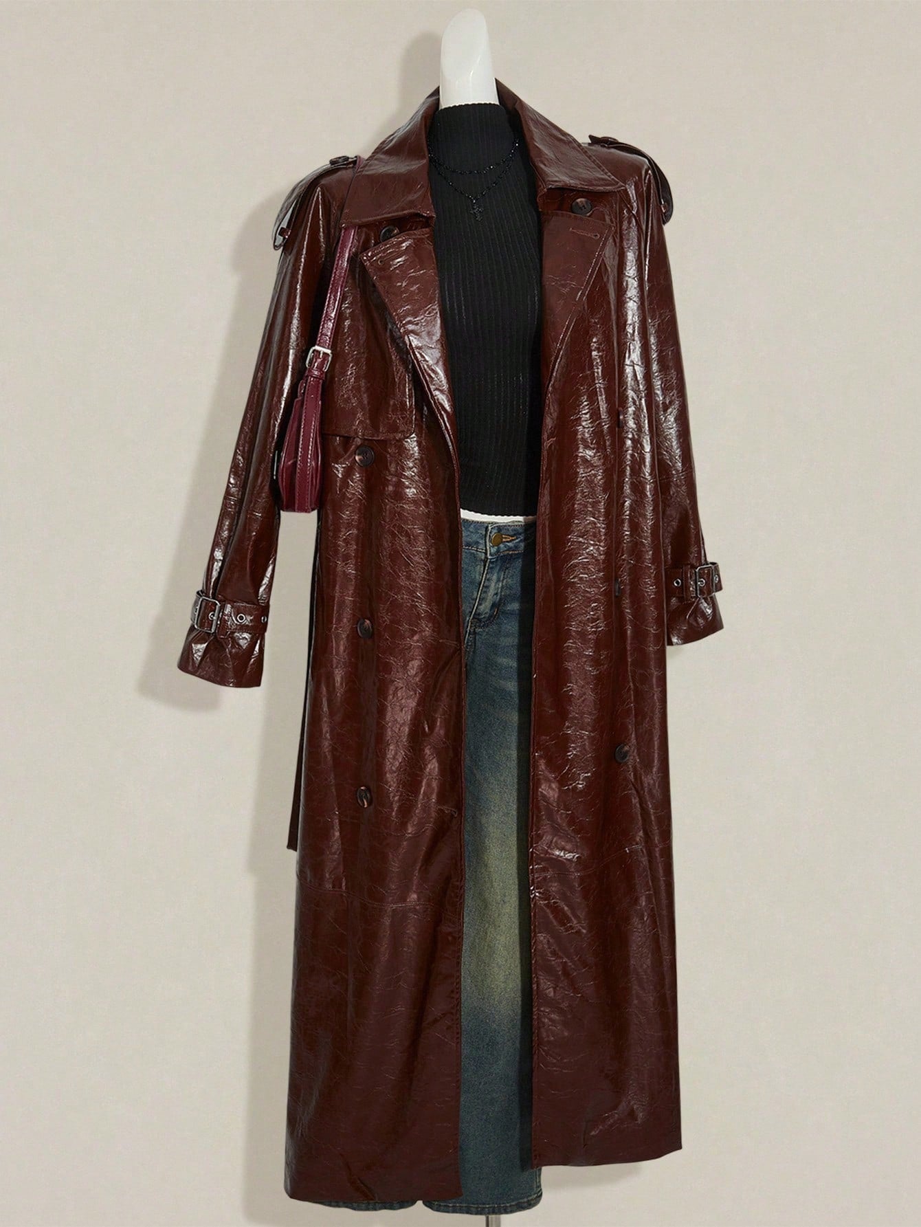 SHEIN ICON Women's Brown Solid Color Long Sleeve PU Leather Jacket Winter Trench Women Coat Halloween Outfits