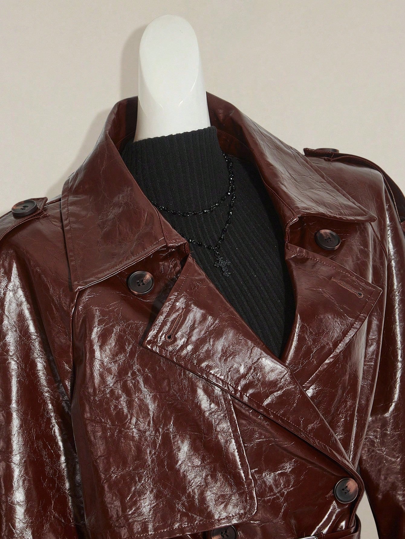 SHEIN ICON Women's Brown Solid Color Long Sleeve PU Leather Jacket Winter Trench Women Coat Halloween Outfits