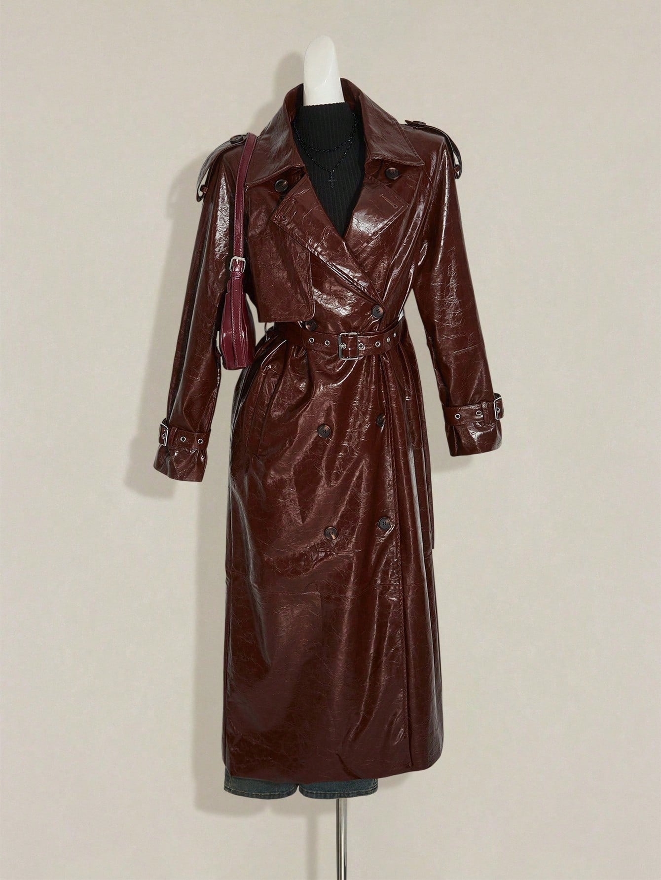 SHEIN ICON Women's Brown Solid Color Long Sleeve PU Leather Jacket Winter Trench Women Coat Halloween Outfits