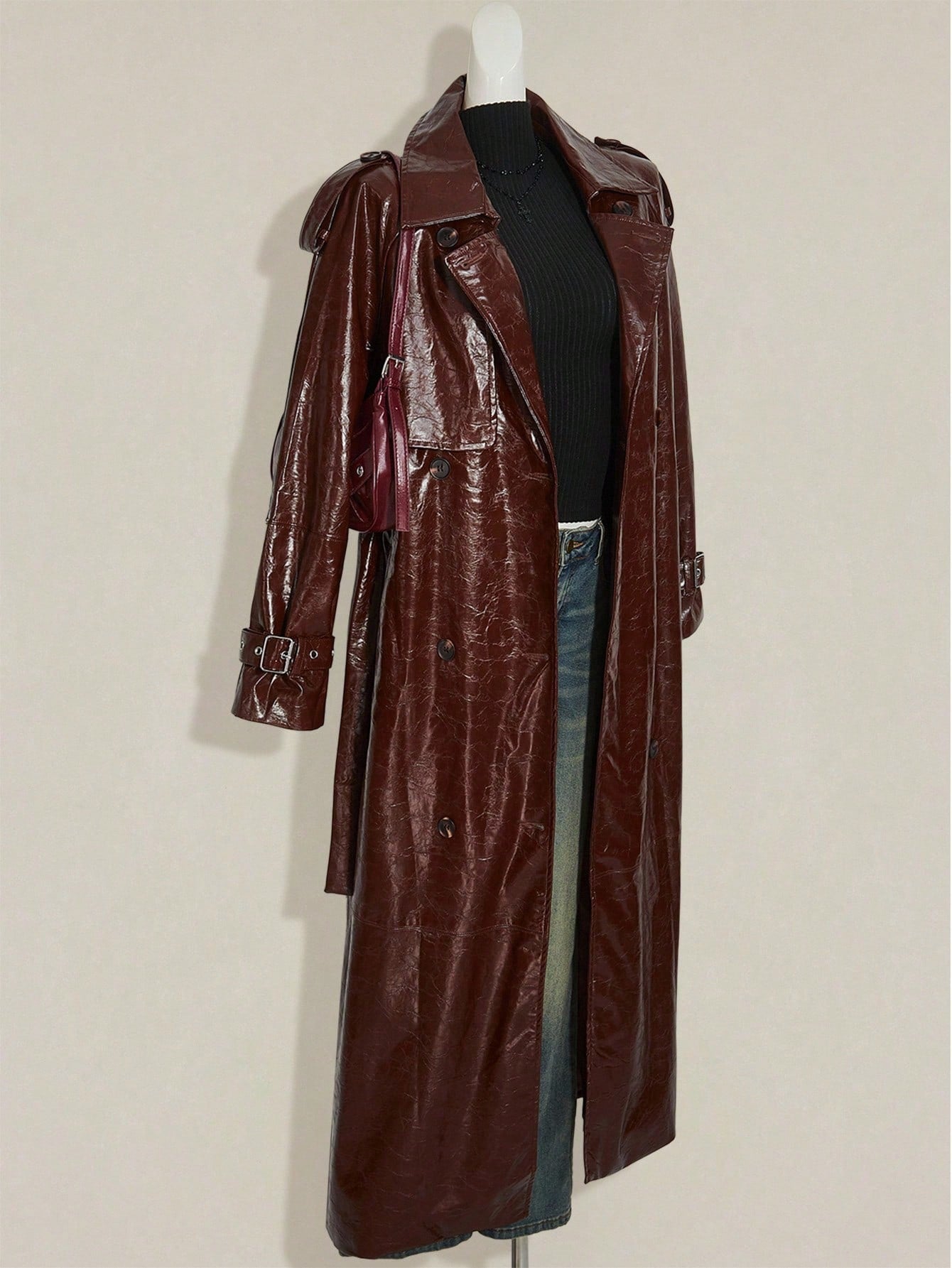 SHEIN ICON Women's Brown Solid Color Long Sleeve PU Leather Jacket Winter Trench Women Coat Halloween Outfits