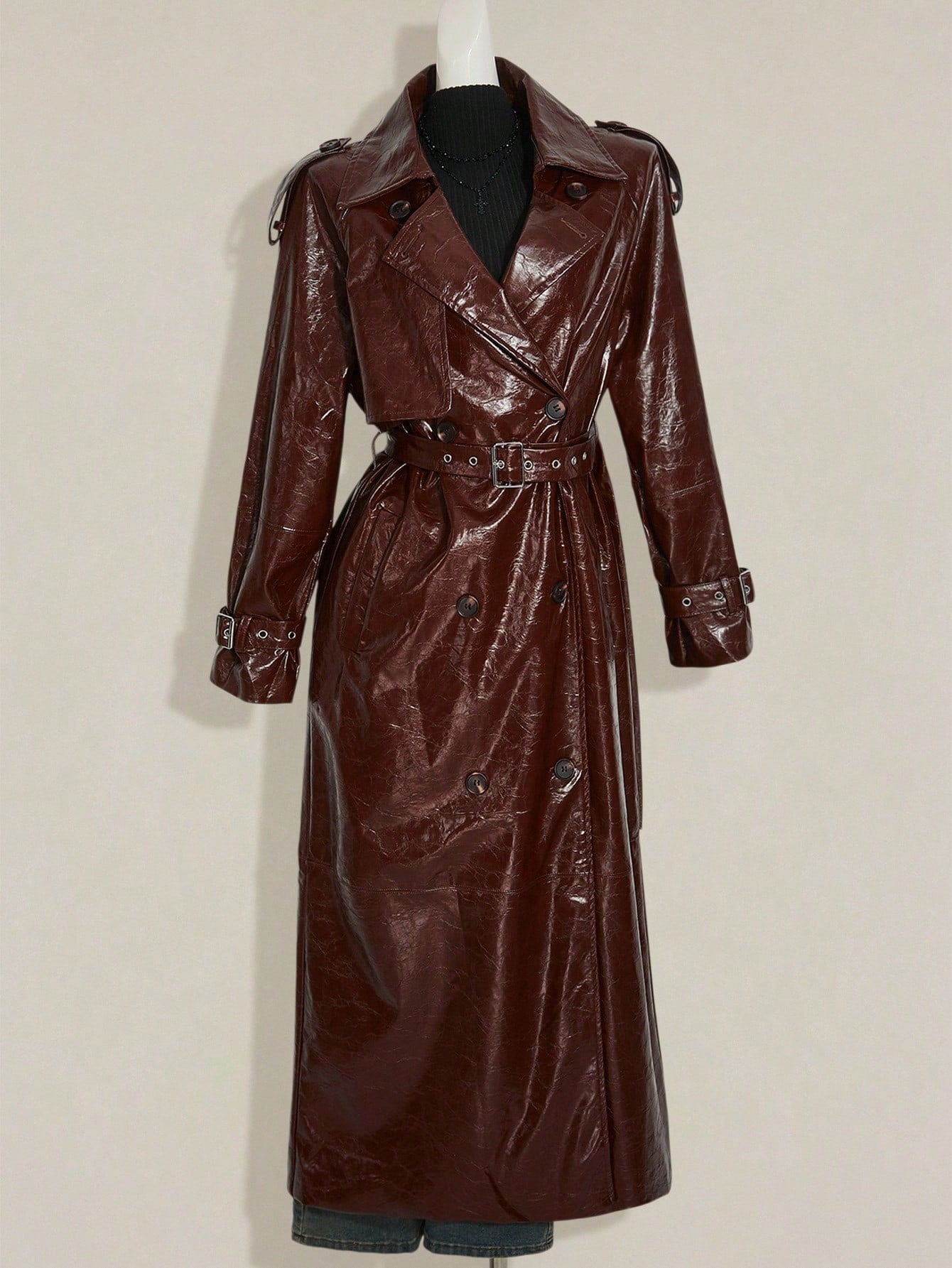 SHEIN ICON Women's Brown Solid Color Long Sleeve PU Leather Jacket Winter Trench Women Coat Halloween Outfits